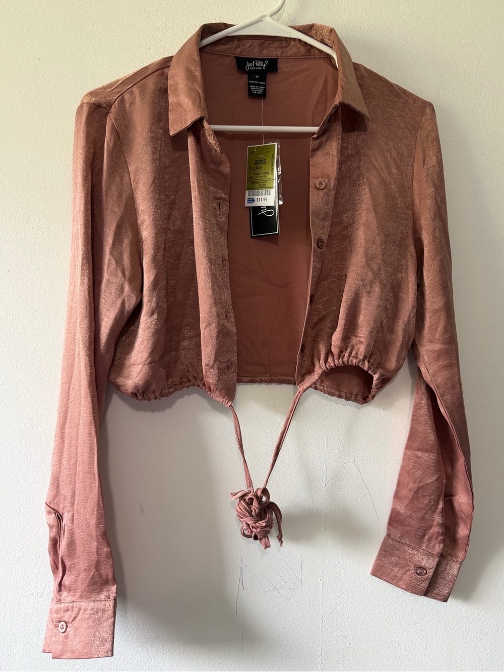 JustFab Dusty Rose Cropped Tie-Front Button Down Shirt